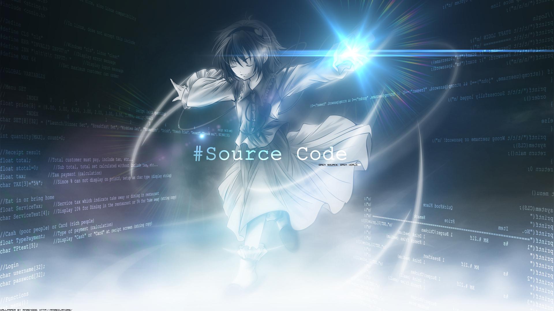 A source code themed illustration with bright light and floating code