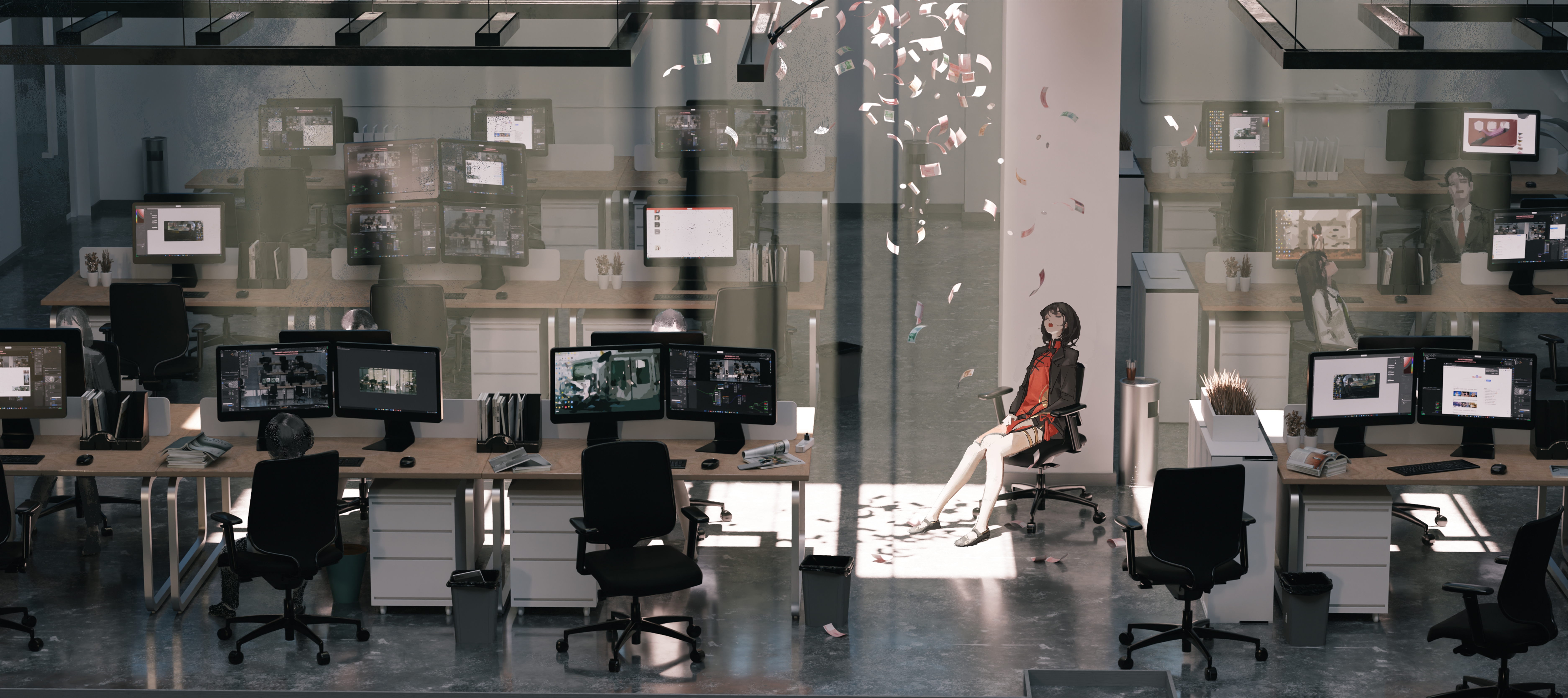 A broad office scene filled with workstations and screens