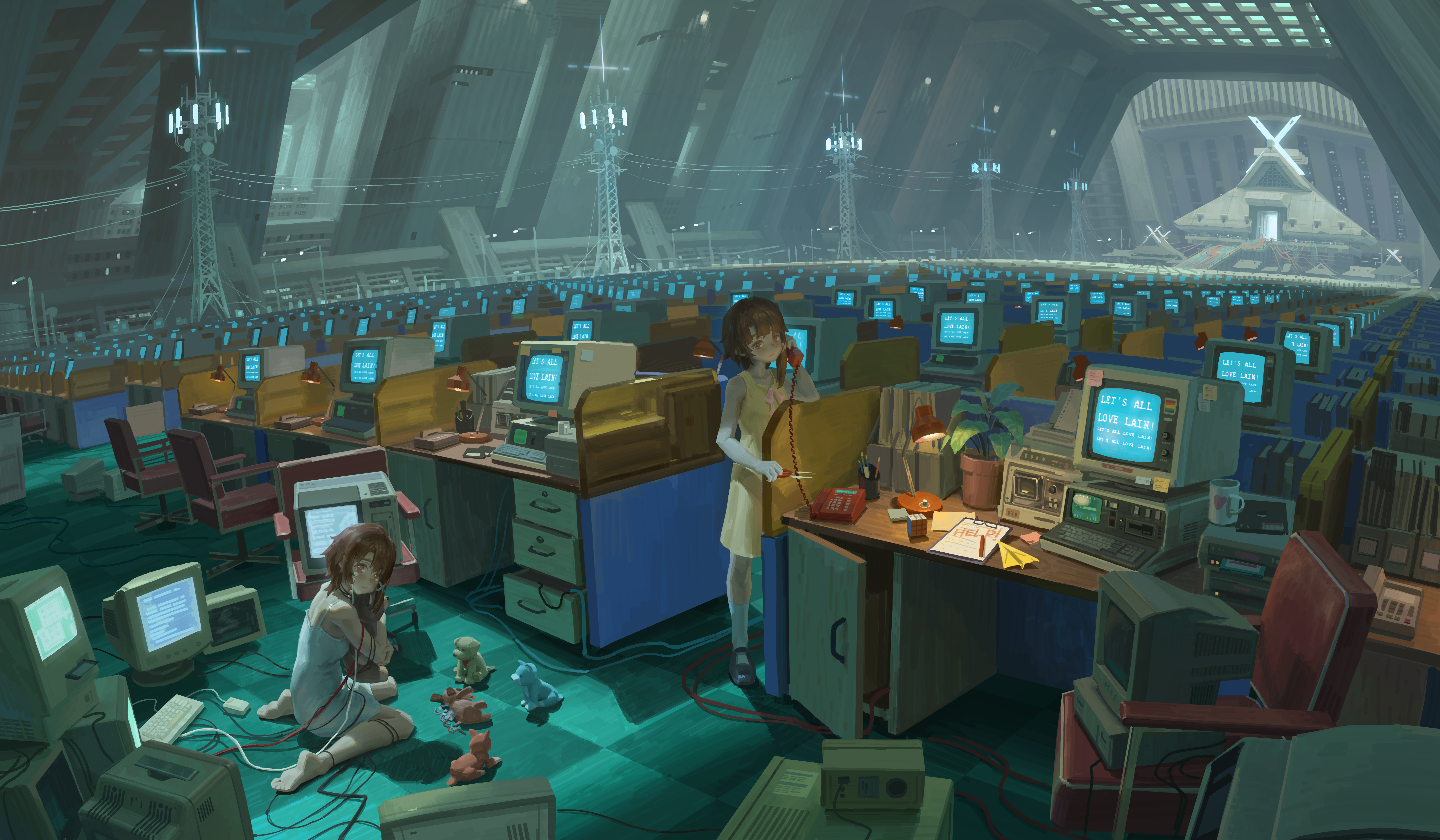 A pastel desktop scene with a character beside an old computer